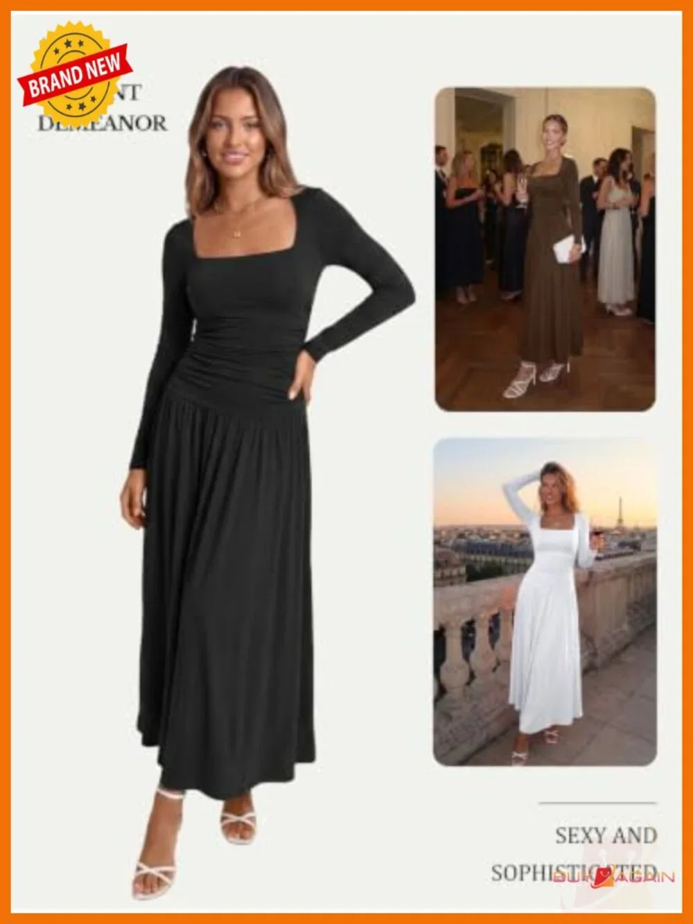 Womens Long Sleeve Maxi Dress Square Neck Drop Waist Pockets Wedding Guest